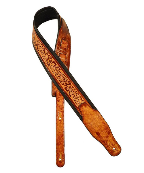 Shoulder strap for guitar, leather, cognac