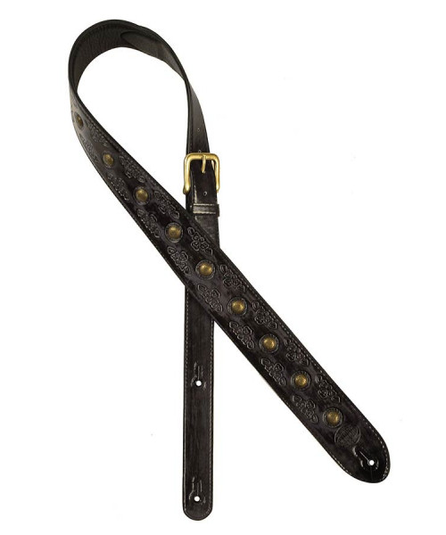 Shoulder strap for guitar, in worked leather, brass buttons, black