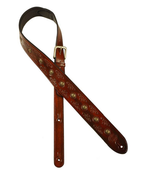 Shoulder strap for guitar, in worked leather, brass buttons, cognac