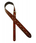Shoulder strap for guitar, in worked leather, brass buttons, cognac