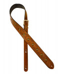 Shoulder strap for guitar, in worked leather, brass buttons, light brown
